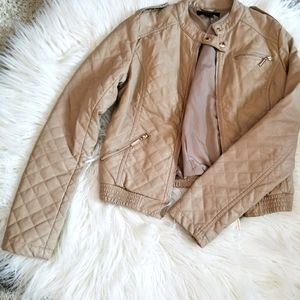 Tan Faux-Leather Bomber Jacket